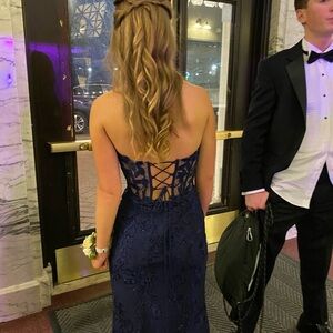 Sherri Hill Navy Blue Lace Gown
